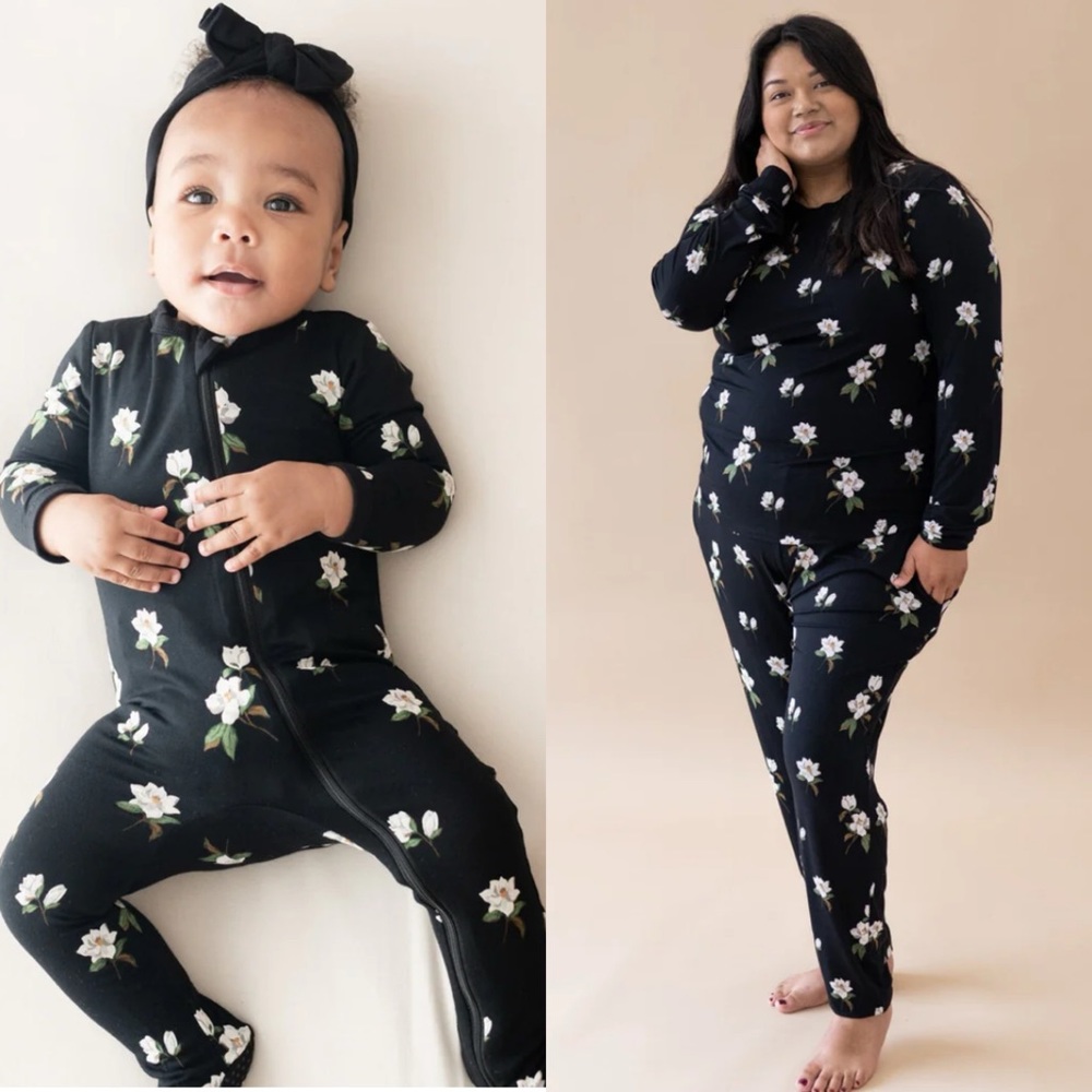 Midnight magnolia footie and women’s jogger pajamas